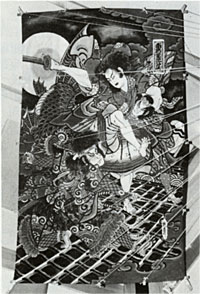 今なお江戸凧の伝統をまもっている東京上野の橋本禎三さんに手になる八犬伝の大凧。