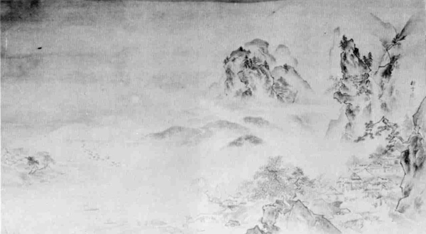 山水図 絹本墨画淡彩(56×99)