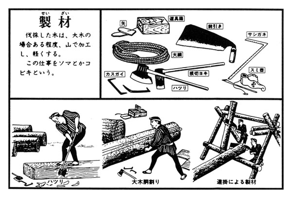 製材　伐採した木を加工する道具とその過程