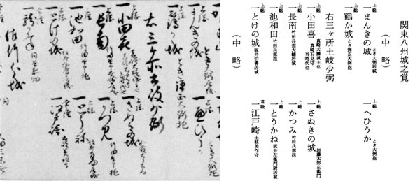 3．関東八州城之覚（天正18年）