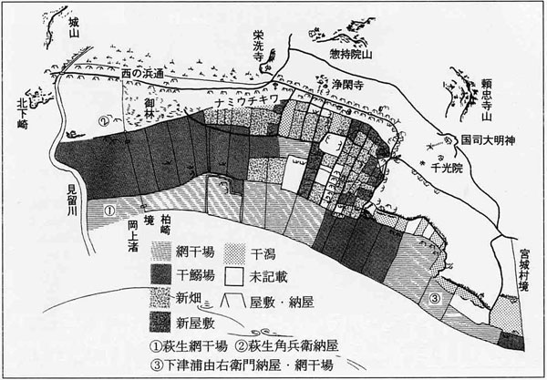 柏崎浦の浜利用状況＜模様のある範囲が地震で隆起したところ＞