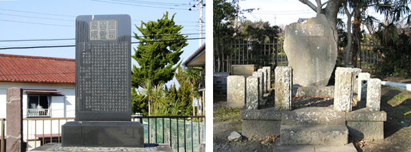 左:布良の神田町墓地にある左右田豊巡査の碑(明治12年)(平成11年再建) 右:出身地大多喜の夷隅神社にある左右田豊の碑(明治15年)