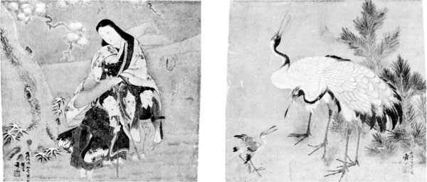 左：75「常磐御前図」・右：76「鶴図」　鈴木寿山画<br /> 明治31年（1898年）　館山市安東　高橋弥太郎氏