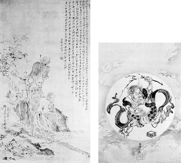 左:2.高久隆古画・芳野金陵題「盲人渡橋之画」 右:1.高久隆古画「魁之画」