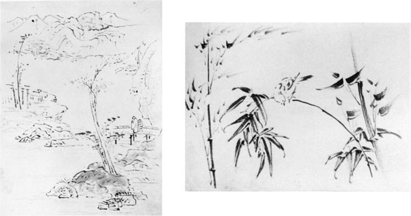 左:52.山調画「山水図」 習作 右:53.山調画「竹に小禽図」 『山水図集』所収