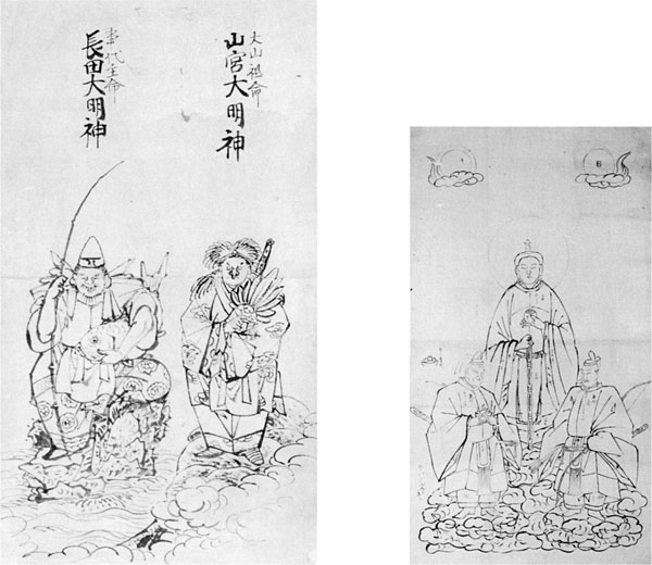 左:56.山調画「山宮大明神・長田大明神図」 現在の東長田山宮神社の両祭神を描いている 右:57.山調画「三者神影図」