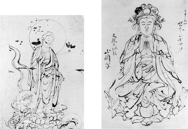 左:60.山調画「弥陀三尊来迎図」 右:61.山調画「二十三夜勢至菩薩図」 文政2年(1819年)