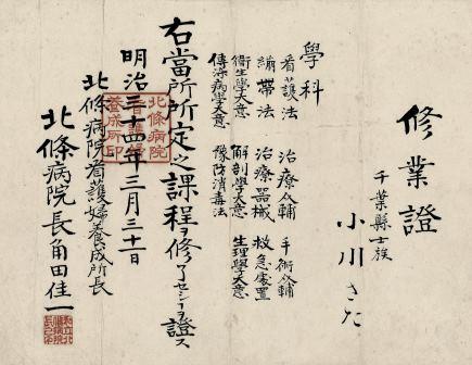 80.北条病院看護婦養成所修業証
明治34年(1901)